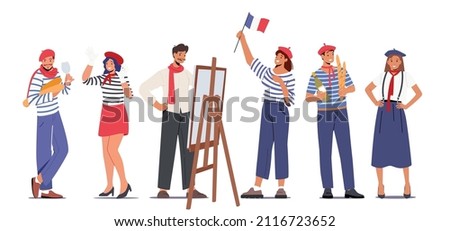 Set of Typical French People Mime, Painter, Woman in Beret with Flag, Man Holding Baguettes and Wineglass. Group of Cartoon Characters Wearing France Traditional Clothes. Cartoon Vector Illustration