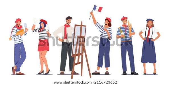 Set of Typical French People Mime, Painter,\
Woman in Beret with Flag, Man Holding Baguettes and Wineglass.\
Group of Cartoon Characters Wearing France Traditional Clothes.\
Cartoon Vector\
Illustration