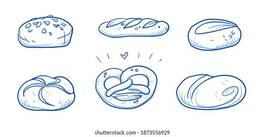 Set of typical german rolls and bakery products: pumpkin seed bun, emperors bun, berlin bun, pretzel, pretzel breadstick. Hand drawn doodle vector illustration.