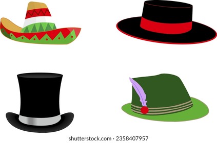 SET OF TYPICAL HATS OF A COUNTRY OR REGION, WITH THEIR MOST USUAL COLORS. ISOLATED ON WHITE BACKGROUND.