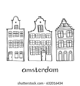 Set of typical old Amsterdam houses in sketchy style/ Doodle Dutch buildings/ Hand drawn ink sketch illustration isolated on white background