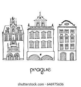 Set of typical old Prague houses in sketchy style/ Doodle European old town buildings/ Hand drawn ink sketch illustration isolated on white background