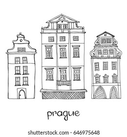 Set of typical old Prague houses in sketchy style/ Doodle European old town buildings/ Hand drawn ink sketch illustration isolated on white background