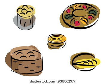 Set of typical portuguese cakes. Bolo rei, eggtart, bolo de berlim, pao de lo, pastel de nata, rosca de reyes, rice cake vector illustration.