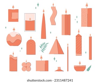 Conjunto de velas típicas de cera perfumada aisladas en blanco. Ilustración vectorial plana, colección de diseño hogareño acogedor, interior, concepto de luz