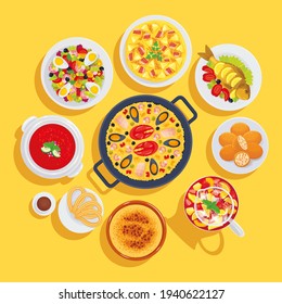 Set of typical Spanish dishes: salad, gazpacho, paella, baked dorado fish, croquettes, sangria, desserts. Vector food illustration, cartoon, icons, symbols, stickers, poster