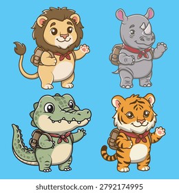 Set typically includes tropical or safari animals like lions, hippos, crocodiles, and tigers depicted with backpacks 