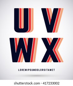 Set of typographic alphabet font template. Letters U, V, W, X logo or icon. Vector illustration.