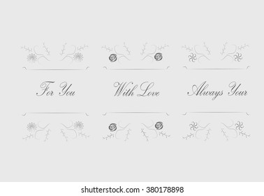 Set typographic banner with text: For You, With Love, Always Yours,  floral ornament on light gray background, vector
