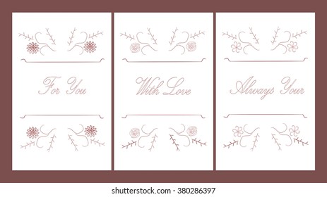 Set typographic banner with text: For You, With Love, Always Yours, red floral ornament on white background, vector