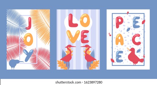 Set of typographic banners, vector illustration. Joy, love and peace. Simple cards in flat style with silhouettes of birds, kiwi, egret and dove. Colorful typography text, greeting card template print