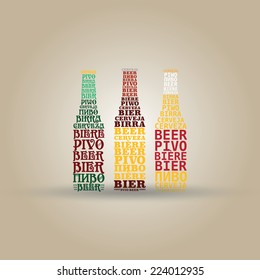Set of typographic beer bottles with inscriptions of the word "beer" in different languages (English, French, German, Spanish, Italian, Portuguese, Russian, Ukrainian, Polish, Czech)