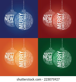 Set of typographic Christmas tree toys with different backgrounds