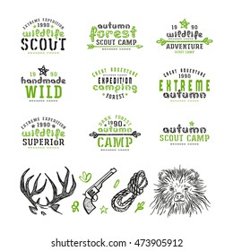 Set of typographic compositions for t-shirt and design elements. Outdoor recreation. Print on white background