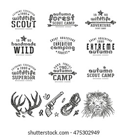 Set of typographic compositions for t-shirt and design elements. Outdoor recreation. Black print on white background
