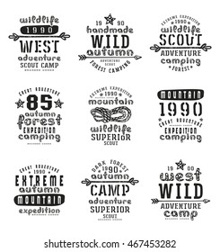 Set of typographic  compositions for t-shirt. Outdoor recreation. Black print on white background