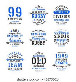 Set of typographic  compositions for t-shirt. Rugby team. Print on white background