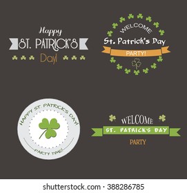 Set of Typographic Design Badges for Saint Patrick's Day. Text elements on black background. Clover national irish icons. Perfect for banners, invitations, advertisement. Sticker collection