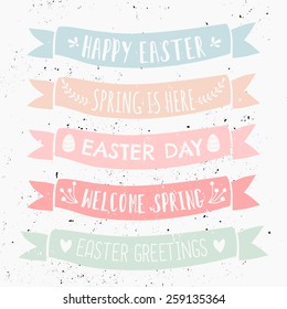 A set of typographic designs on pastel colored banners for Easter Day.