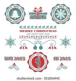 Set of typographic labels and badges, symbols and decoration objects elements with Christmas and New Year