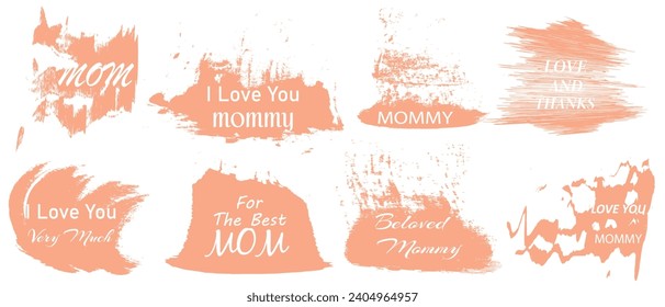 Set of typographic lettering for mom, on an abstract peach fuzz colored background. Vector illustration.
