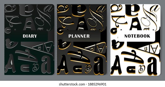 Set of typographic patterns. "A" is the first letter of the alphabet. For notebooks, diaries, brochures, books, catalogs, etc. Vector illustration.