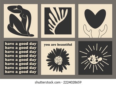 Set of typographic posters. Illustration in a flat style. Abstract female figure and plant, text, heart, boy. Poster template. Cartoon style, flat design. All elements are isolated.