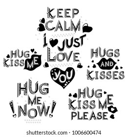 Set of typographic prints for a poster, T-shirts with  romantic messages. Black slogan with seguins isolated on white background for postcards, T-shirts, bags, pillows.