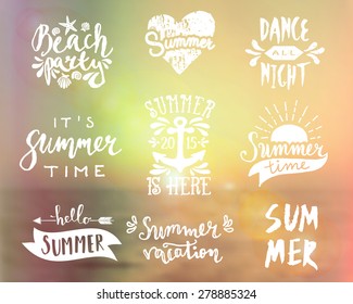 A set of typographic summer designs. Vintage filter blurred ocean background. Summer season logos, posters, t-shirt, flyer, apparel designs.