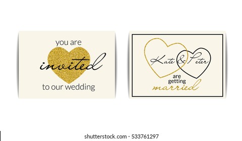 Set of typographic wedding invitations with love symbol. You are invited text. Golden texture heart with glitter sequins. Premium party invitation and cards design. Vector EPS10 illustration.