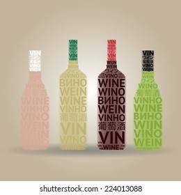 Set of typographic wine bottles with inscriptions of the word "wine" in different languages (English, French, German, Spanish, Italian, Portuguese, Russian, Polish, Czech, Chinese, Japanese)