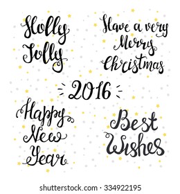 Set of Typographical Backgrounds. Happy New Year 2016, Merry Christmas, holly jolly, best wishes.
