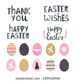 Set of typography Easter greetings in hand drawn modern style and set of textured fun easter eggs