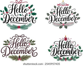 A set of Typography Hello December template background Vector illustration with decorative leaves and element.