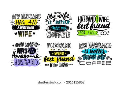 Set von Typografie für Husband und Ehefrau. Schriftzeichen, handgeschriebene Schriften mit Doodle-Elementen einzeln auf weißem Hintergrund. T-Shirt Print, Design Element für Jubiläumsgrössen Grußkarte. Vektorgrafik