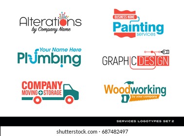 Set of typography logos for various services. plumbing, woodworking, graphic design, painting, moving, storage and sewing alterations