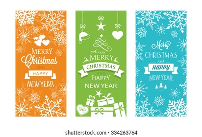 Set of typography Merry Christmas and Happy New Year banners with embellishments and Christmas ornaments.