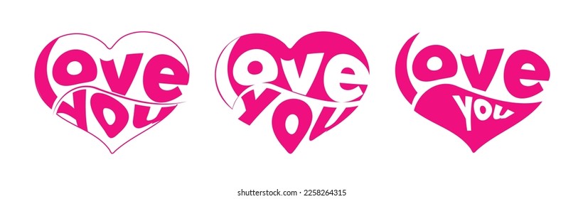 Set typography print word love you heart shape. Isolated vector object on white background. Lettering love you in shape of  heart in retro style. Design for print, sticker, label, decor. 