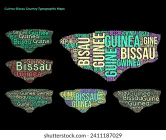 Set of typography style country illustrations. Guinea-Bissau map shape build of horizontal and vertical country names. Vector illustration.