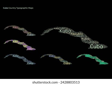 Cuba. Conjunto de ilustraciones de país de estilo tipográfico. Construcción de mapas de Cuba de nombres de países horizontales y verticales. Ilustración vectorial.