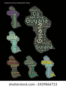 Set of typography style country illustrations. Guyana map shape build of horizontal and vertical country names. Vector illustration.