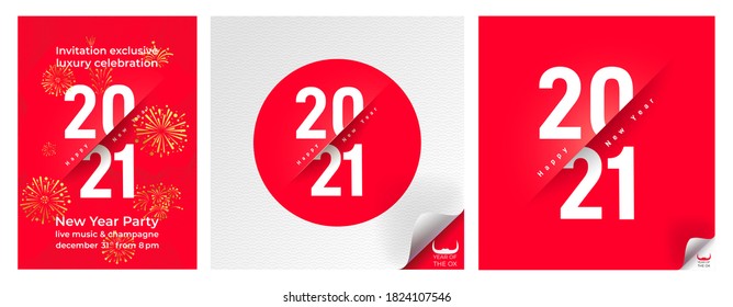 Set of typography text 2021 font and rat. Logo in a circle on a red background. Creative design for greeting lettering. New Year of the ox symbol 2021, flyers posters and calendar. Vector illustration