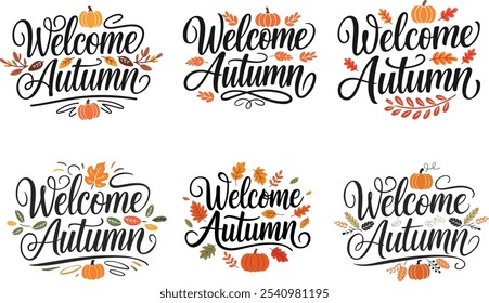 Ein Satz Typografie Willkommen Herbst Vorlage Hintergrund Vektorgrafik mit dekorativen Blättern und Kürbissen.