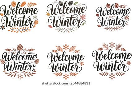 A set of Typography Welcome Winter template background Vector illustration with decorative Pinecones leaves and snowflake.