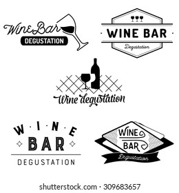 Set of typography wine bar and degustation badges with glasses and bottles. Vector labels isolated on white background. 