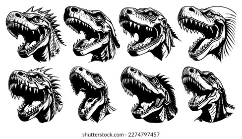 Set of tyrannosaur heads with open mouth and bared fangs, with different angry expressions of the muzzle. Symbols for tattoo, emblem or logo, isolated on a white background.