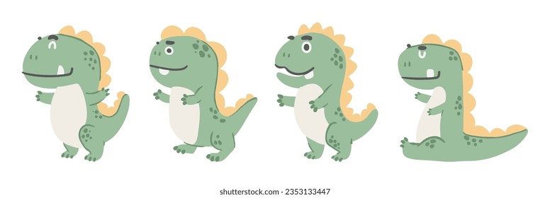 Set von Tyrannosaurus Rex . Cute Dinosaurier Cartoon Figuren . Handgezeichneter Stil. Weißer isolierter Hintergrund. Vektorgrafik.