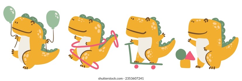 Set of Tyrannosaurus Rex . Cute dinosaurs cartoon characters . Hand drawn style . White isolate background . Vector .