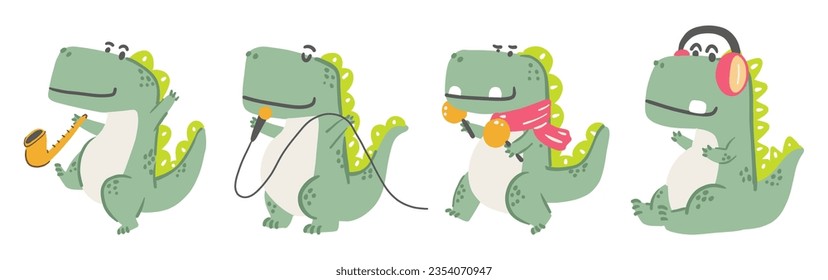 Set of Tyrannosaurus Rex . Cute dinosaurs cartoon characters . Hand drawn style . White isolate background . Vector .