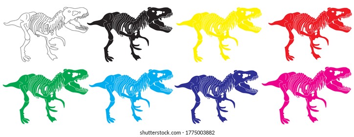 Set tyrannosaurus Rex dinosaur skeleton silhouettes set in isolate on white background. Vector illustration.